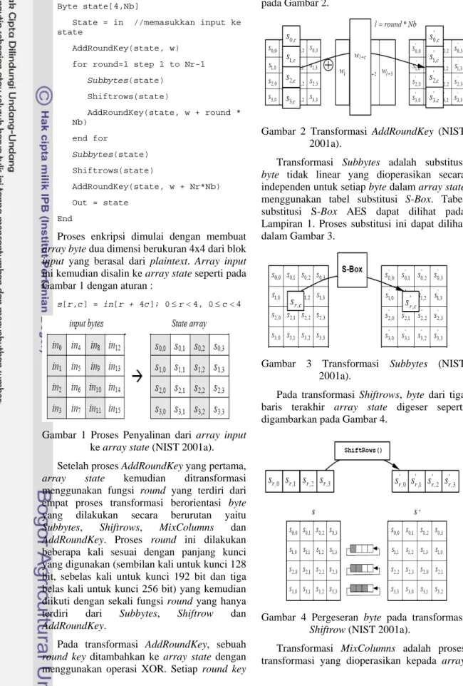 Gambar 1 Proses Penyalinan dari array  input  ke array state (NIST 2001a). 