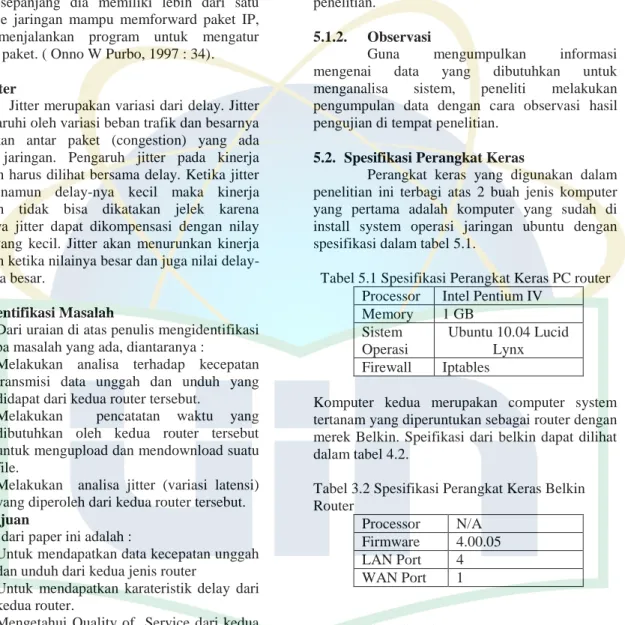 Tabel 5.1 Spesifikasi Perangkat Keras PC router  Processor  Intel Pentium IV 