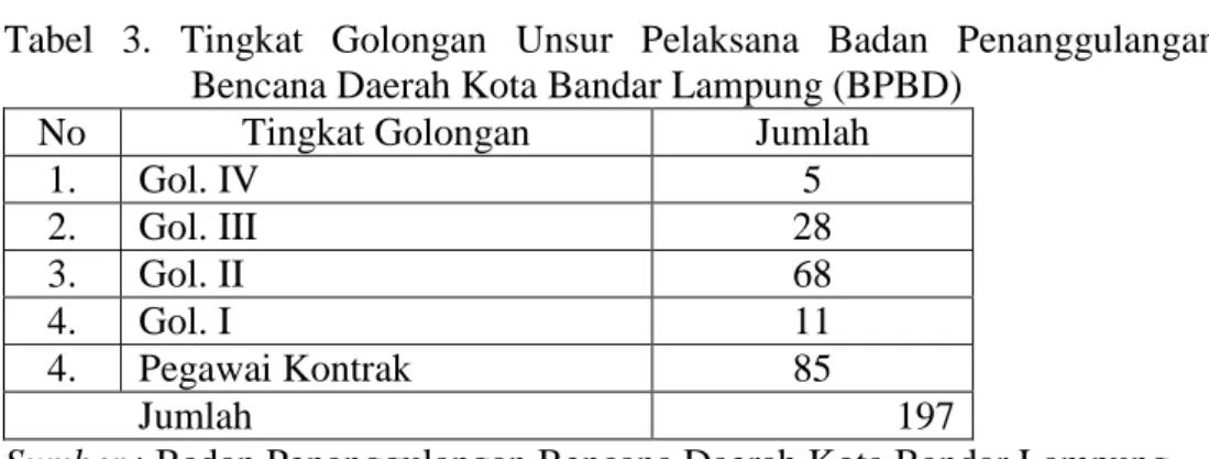 Tabel  3.  Tingkat  Golongan  Unsur  Pelaksana  Badan  Penanggulangan  Bencana Daerah Kota Bandar Lampung (BPBD) 