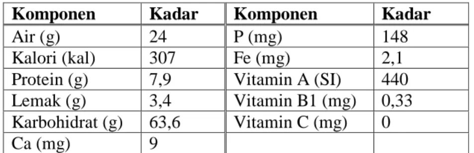 Tabel 2.1 Kandungan Komponen dalam 100 g Jagung Kuning Panen Baru  Komponen  Kadar  Komponen  Kadar 