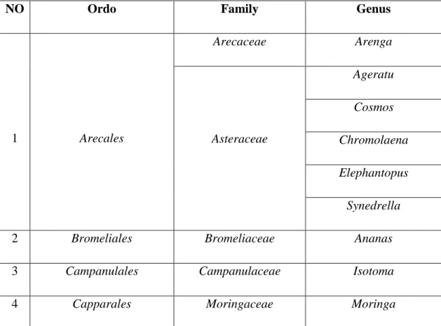 Tabel 1. Hasil identifikasi Ordo, Family dan Genus dari tumbuhan yang di temukan  