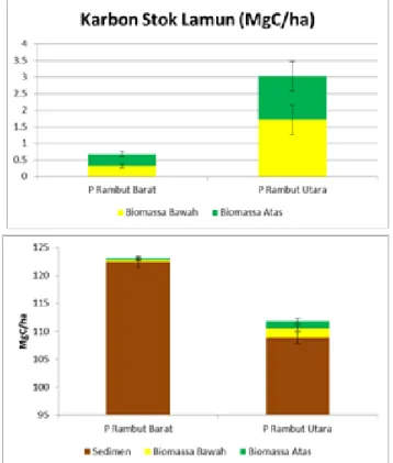 Gambar 8. Karbon stok biomasa lamun (panel atas) karbon  stok di tiga kolam penyimpanan karbon ekosistem lamun P 