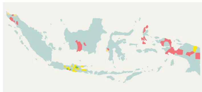 Gambar 3.3 menunjukkan distribusi geografis dari ke-50  pemerintah daerah yang mengikuti Program BEC-TF  dengan sandi warna sesuai hasil yang diperoleh