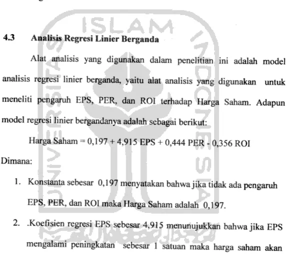 Grafik Scatterplot pada gambar 4.2.3 di atas menunjukkan titik-titik tersebar secara acaktanpamembentuk pola tertentu sertatersebar di atas dan di bawah angka 0 pada sumbu Y, sehingga bisa disimpulkan bahwa tidak terjadi heteroskedastisitas dan model regre