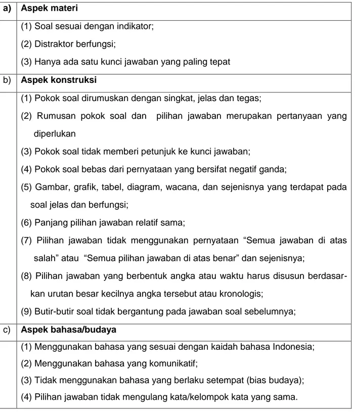Tabel 1. Lembar Telaah Butir Soal Pilihan Ganda  a)  Aspek materi 