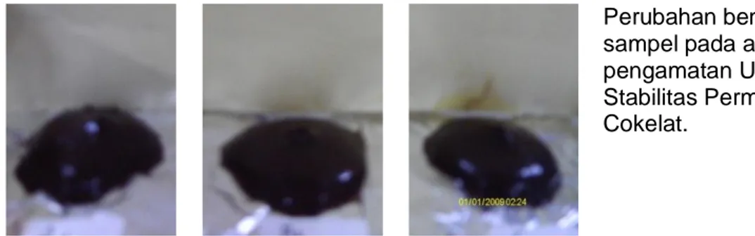 Gambar 3.   Perubahan  bentuk  permen  cokelat dari awal,  setelah  15  menit  pertama  dan  akhir  pengamatan  dalam  Inkubator  suhu  37 0 C  pada Uji Stabilitas Permen Cokelat