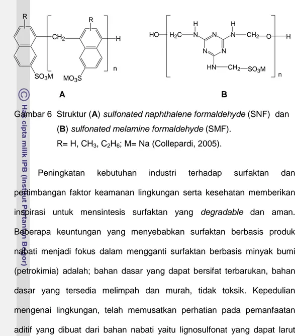 Gambar 6  Struktur (A) sulfonated naphthalene formaldehyde (SNF)  dan                    (B) sulfonated melamine formaldehyde (SMF)