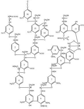 Gambar 1   Struktur  p-koumaril alkohol,  koniferil alkohol, dan sinapil  alkohol. 
