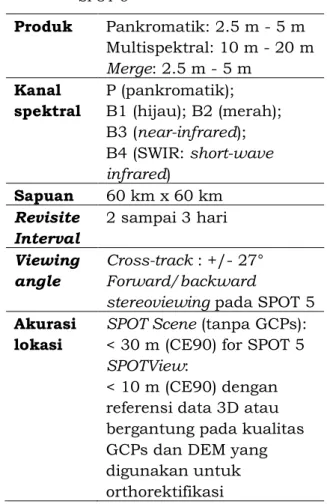 Tabel 2-1:  KARAKTERISTIK  CITRA  STAELIT  SPOT-5  Produk  Pankromatik: 2.5 m - 5 m  Multispektral: 10 m - 20 m  Merge: 2.5 m - 5 m  Kanal  spektral  P (pankromatik);  B1 (hijau); B2 (merah);  B3 (near-infrared);  B4 (SWIR: short-wave  infrared)  Sapuan  6