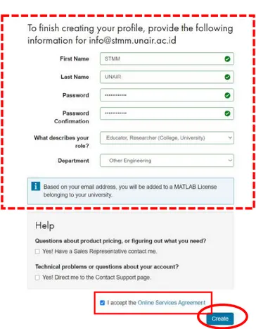 Gambar 7. Tampilan laman pengisian identitas/ profil lengkap untuk akun Mathworks Anda 