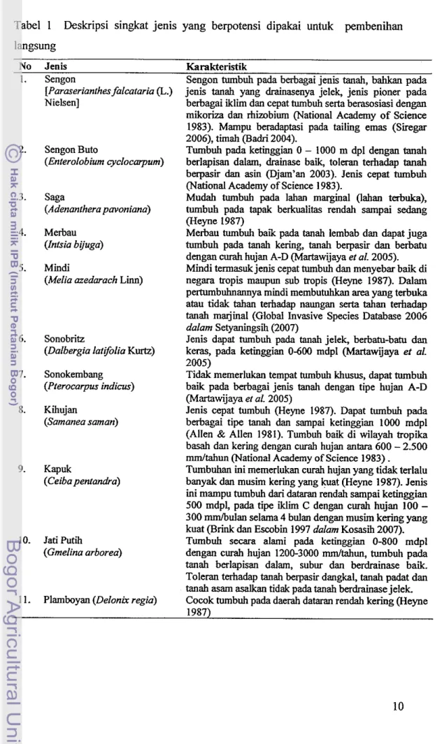 Tabel  1  Deskripsi  singkat  jenis  yang  berpotensi  dipakai  untuk  pembenihan  langsung  Jenh  Sengon  [Pararerianther falcataria  @.)  Nielsen]  Sengon Buto  (Enterolobium cyclocatpum)  Saga  (Adenanfhera pmoniana)  Merbau  (Intsia bijuga)  Mmdi 
