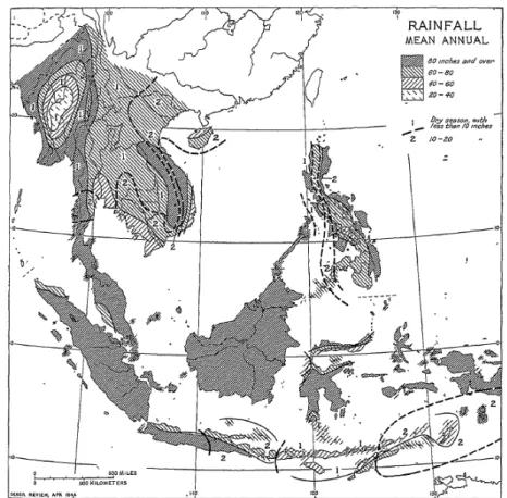 Gambar  2.3 Peta curah hujan tahunan di Asia Tenggara yang dibuat pada  awal tahun 1900-an yang menggambarkan distribusi daerah yang sangat  kering sampai sangat basah (Sumber : Broek, 1944)