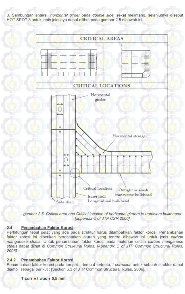 gambar 2.5. Critical area and Critical location of horizontal girders to transvers bulkheads  [appendix C of JTP CSR,2006] 