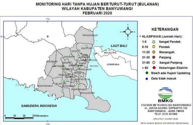 Gambar 14. Peta Monitoring Hari Tanpa Hujan berturut-turut Februari 2020 di Banyuwangi   (Sumber: BMKG Banyuwangi) 