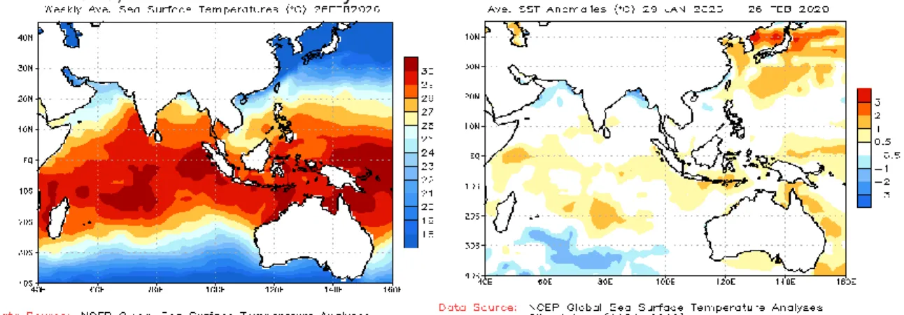 Gambar 6. Suhu Muka Laut Perairan Indonesia dan Anomalinya bulan Februari 2020 (sumber: NOAA) 