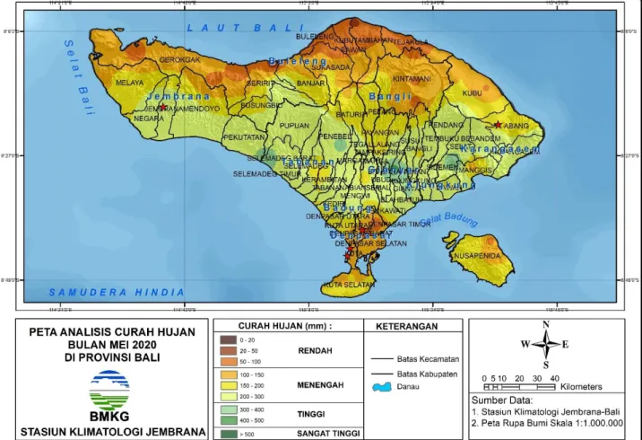 Gambar 1. Peta analisis curah hujan bulan Mei 2020 di Provinsi Bali