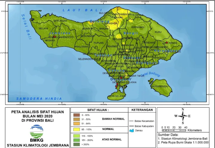Gambar 2. Peta analisis sifat hujan bulan Mei 2020 di Provinsi Bali