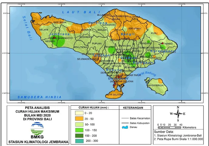 Gambar 3. Peta analisis curah hujan maksimum bulan Mei 2020 di Provinsi Bali