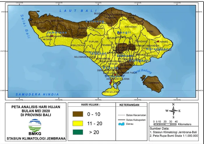Gambar 4. Peta analisis hari hujan bulan Mei 2020 di Provinsi Bali