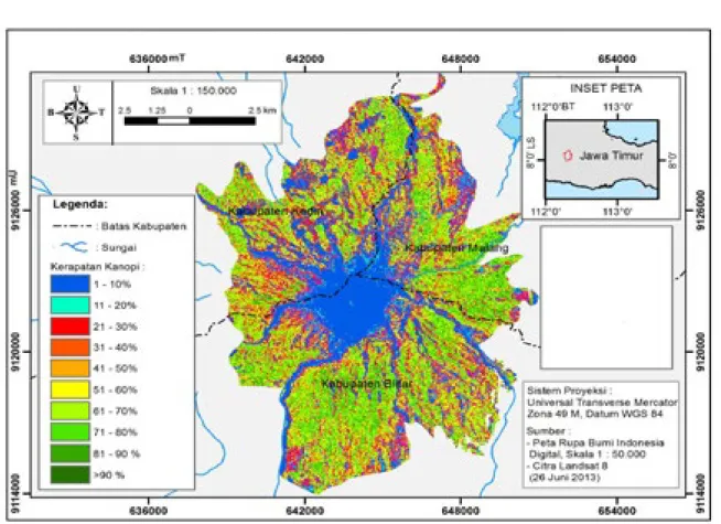 Gambar 5. Peta Kerapatan Kanopi Hutan Gunung Kelud Sebelum Erupsi Tahun 2014Gambar 4. Peta Kerapatan Kanopi Hutan Gunung Kelud Setelah Erupsi Tahun 2014