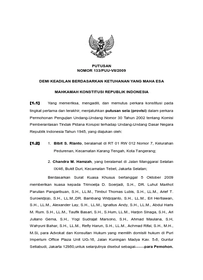 PUTUSAN NOMOR 133/PUU-VII/2009 DEMI KEADILAN BERDASARKAN KETUHANAN YANG ...