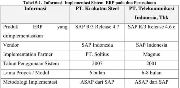 Tabel 5-1.  Informasi  Implementasi Sistem  ERP pada dua Perusahaan  