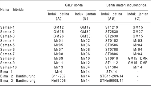 Tabel 1. Galur inbrida dan silang tunggal materi induk penyusun hibrida Semar dan hibrida Bima yang dihasilkan oleh Balitsereal.