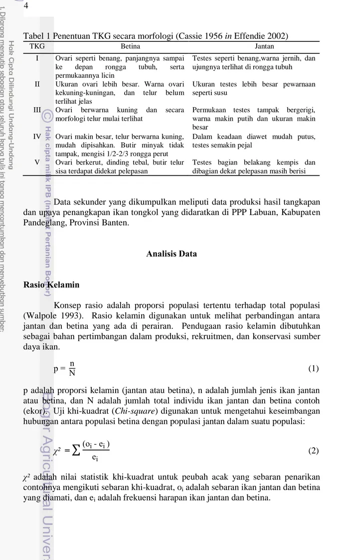 Tabel 1 Penentuan TKG secara morfologi (Cassie 1956 in Effendie 2002) 