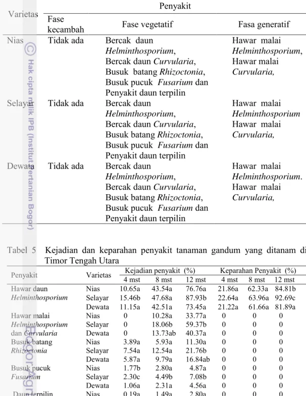 Tabel 4  Inventarisasi penyakit pada stadia pertumbuhan gandum 
