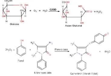 Gambar 1.  Prinsip reaksi pada metode GOD-PAP (Dias, 1999) 