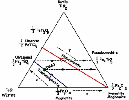 Gambar II.3 Diagram segitiga yang menggambarkan komposisi mineral dalam  keluarga besi-titanum oksida (Tauxe, 2007)