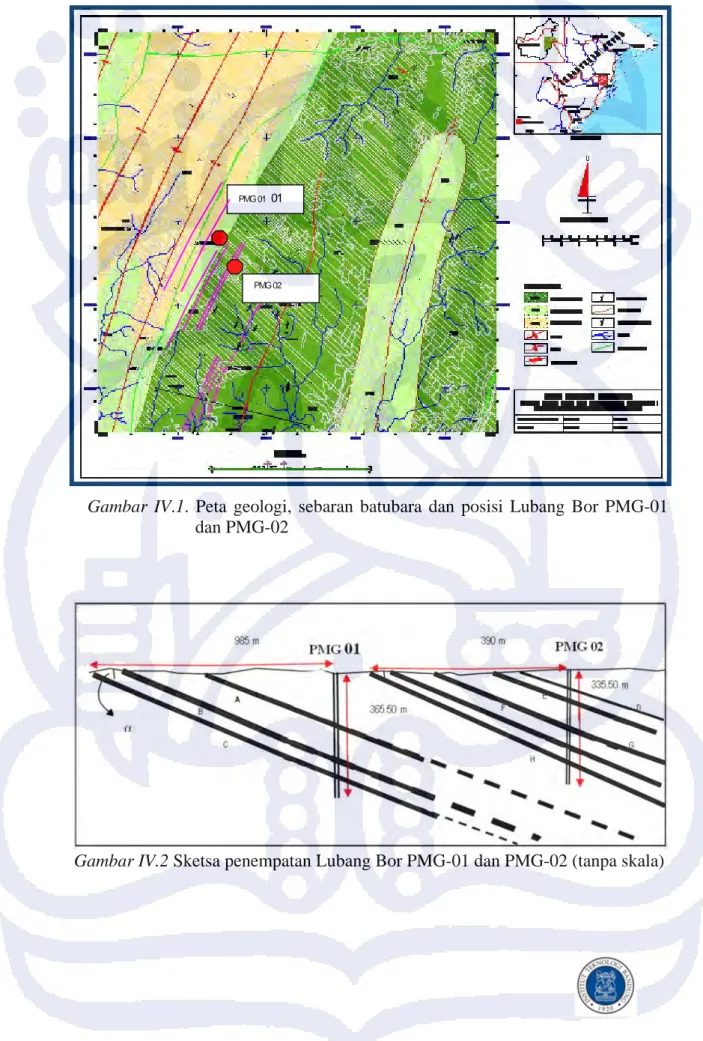 Gambar  IV.1.  Peta geologi,  sebaran batubara dan posisi Lubang Bor PMG-01    dan PMG-02  