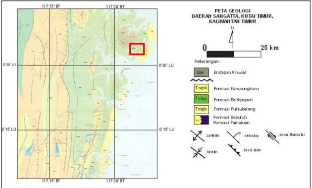 Gambar 1. Peta Geologi Regional lembar Sangatta (Sukardi dkk., 1995), daerah penelitian ditandai  kotak merah