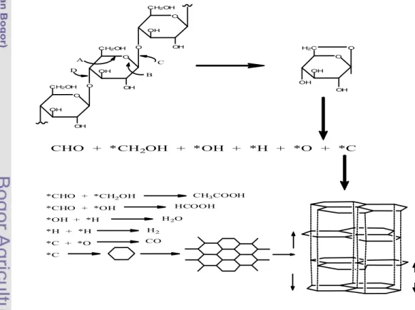 Gambar 14 Mekanisme pembentukan asam asetat secara kimia hasil dari penataan  ulang  karbon baik yang bersumber dari selulosa, lignin maupun  hemiselulosa (Pari 2010)