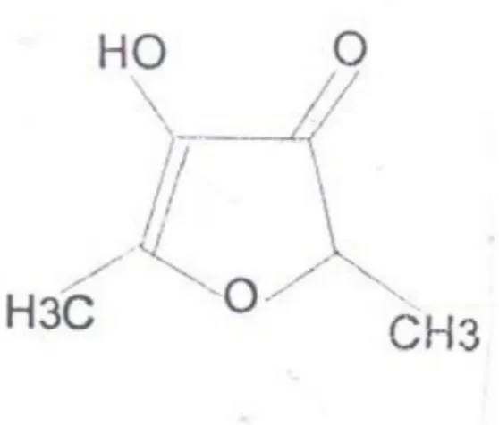 Gambar 1. Senyawa 2,5 dimetil-4-hidroksi-3(2H)-furanon (Buttery et al., 2001)  Pigmen karotenoid merupakan pigmen dominan yang terdapat dalam buah  nenas, dimana pigmen inilah yang satu-satunya menyebabkan warna kuning pada  buah  nenas