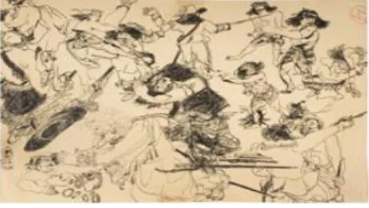 Gambar 3 Sketsa tentara Belanda lari tunggang  langgang dikejar oleh orang Jawa 23 x 32,5 Cm