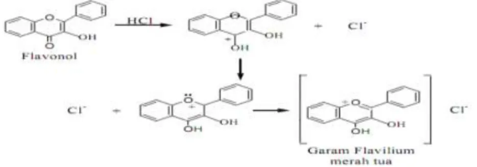 Gambar 1. Mekanisme reaksi pembentukan garam flavilium (Achmad,  1986): Marliana dkk, 2005) 