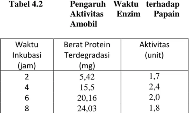 Tabel 4.2  Pengaruh  Waktu  terhadap  Aktivitas  Enzim  Papain  Amobil  Waktu  Inkubasi  (jam)  Berat Protein Terdegradasi (mg)  Aktivitas (unit)  2  5,42  1,7  4  15,5  2,4  6  20,16  2,0  8  24,03  1,8 