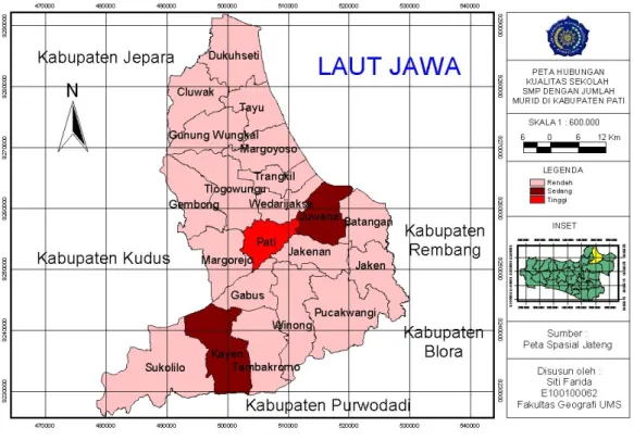 Gambar 7 Peta Hasil Hubungan Kualitas Sekolah SMP Dengan Jumlah  Murid Per-Kecamatan Tahun 2012 di Kabupaten Pati 