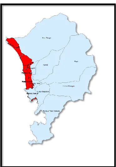 Gambar 2 Peta bahaya tsunami kota Padang (KOGAMI, pada Sutikno, S. 2012)  Gambar  2  Peta  bahaya  tsunami  kota  Padang  menunjukkan  perkiraan  jumlah  penduduk  yang  terkena  gelombang  tsunami  dengan  menggunakan  analisis  Clip  dan  Calculated  are