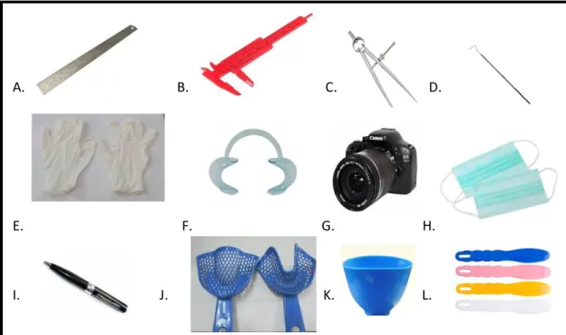 Gambar 3. Alat yang digunakan pada penelitian. A) Penggaris, B) Kaliper, C) Jangka, D) Probe, E)  Sarung tangan, F) Cheek retractor, G) Kamera, H) Masker, I) Pulpen, J) Sendok cetak, K) Rubber 