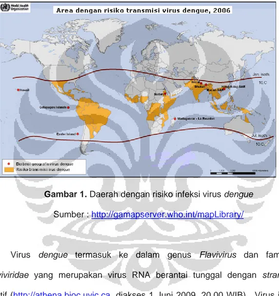 Gambar 1. Daerah dengan risiko infeksi virus dengue  Sumber : http://gamapserver.who.int/mapLibrary/