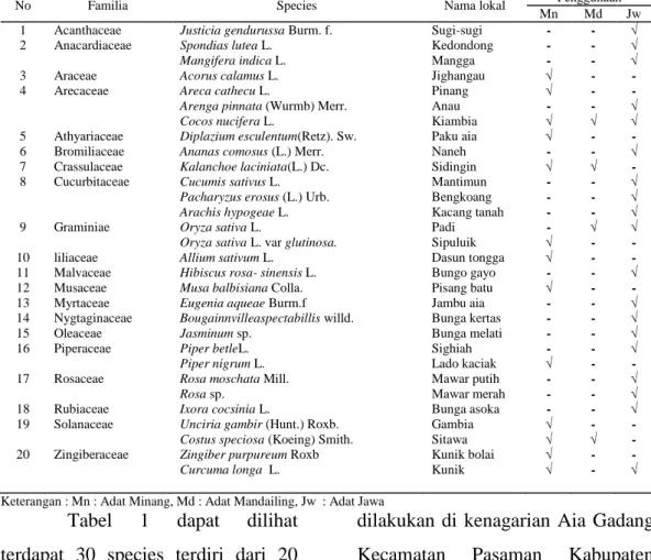 Tabel  1.Species  tumbuhan  yang  digunakan  pada  upacara  kelahiran  di  Kenagarian  Aia  Gadang  Kecamatan Pasaman Kabupaten Pasaman Barat