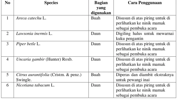 Tabel  3.Cara  penggunaan  tumbuhan  dalam  upacara  adatperkawinan  Minang  di  Kanagarian  Sontang Cubadak Kecamatan Padang Gelugur Kabupaten Pasaman