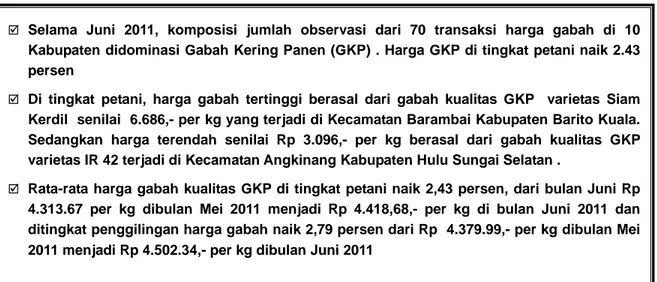 Tabel  1  Jumlah Observasi, Harga Gabah di Tingkat Petani dan Penggilingan,   dan HPP Menurut Kelompok Kualitas, Juni 2011 Kalimantan Selatan  Kelompok  Kualitas  Jumlah  Observasi  ( % )  Harga di Tingkat Petani ( Rp/Kg)  Harga Rata‐rata di Tingkat  Pengg