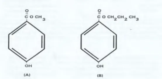 Gambar 2. Rumus struktur metil paraben (A) dan propil paraben (B) 