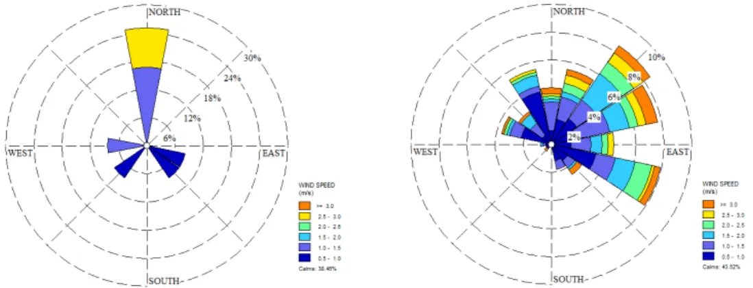 Gambar 7 Wind Rose tanggal 17 Agustus 2012 (kiri),  Wind Rose selama periode  pengamatan (kanan)  