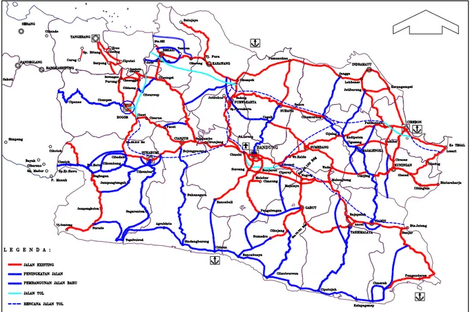 Gambar 8: Rencana pengembangan jaringan jalan nasional dan propinsi di Propinsi Jawa  Barat 