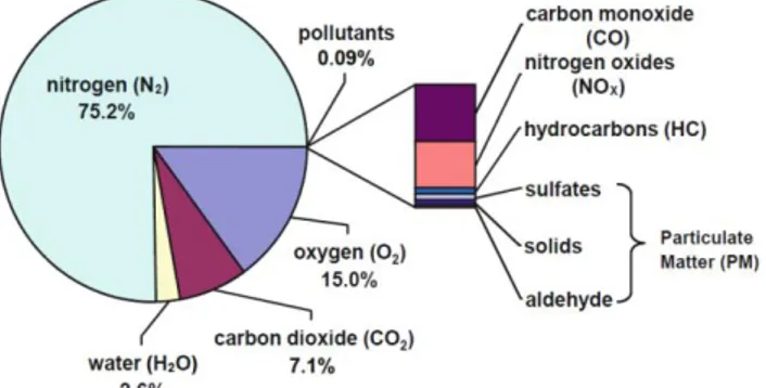 Gambar 1 Persentase berbagai kandungan pada emisi gas buang  mesin diesel [7]. 