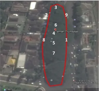 Gambar  2.  Lokasi Pengamatan di Taman Trunojoyo (Google  Earth, 2016)  3.  Hasil dan  Pembahasan 